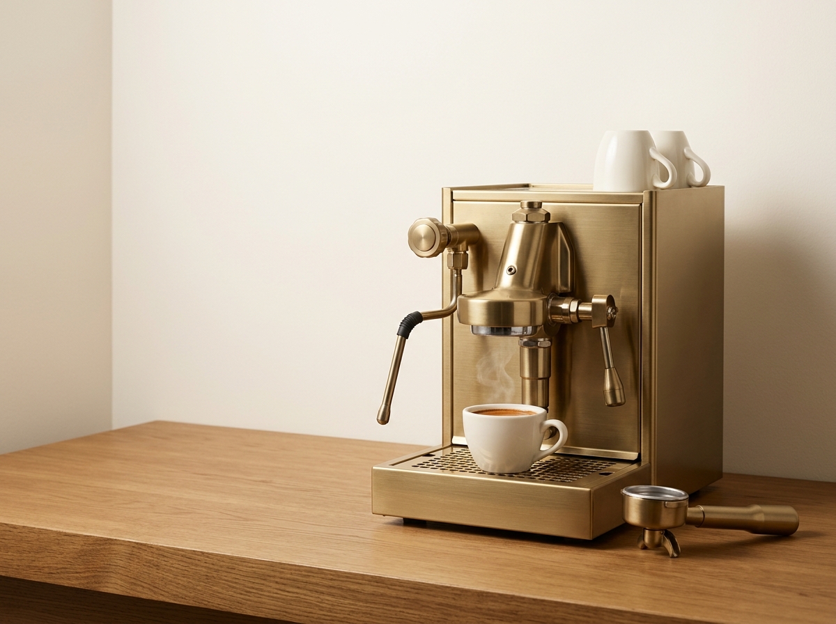 Coffee corner Klip & Kopi, mesin espresso kuningan di atas meja kayu oak